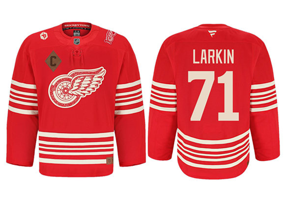 Men's Detroit Red Wings #71 Dylan Larkin Red 2025 Centennial Premium With 100 and P Patch And C Patch Stitched Hockey Jersey